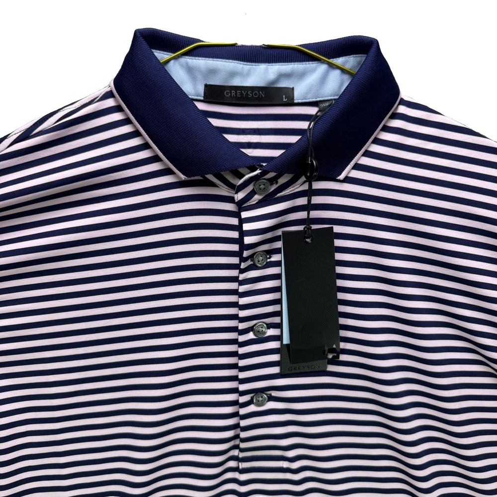 Greyson Cypress Polo Shirt Mens Large Blue Pink Striped Golf Short Sleeve NWT